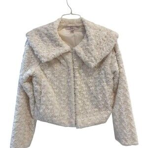Vintage Ivory Faux Fur Rosette Cropped Jacket – Shawl Collar, Hook-and-Eye RARE